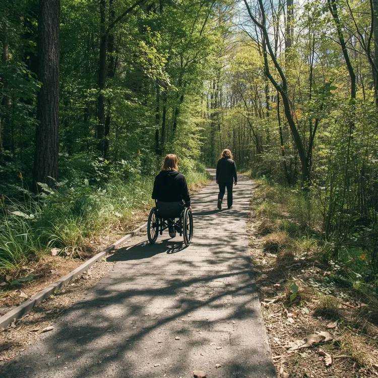 A person (or two) moving slowly along an accessible path or trail—could be walking, in a wheelchair, or seated contemplatively—symbolizing arrival, pause, and mindful presence.