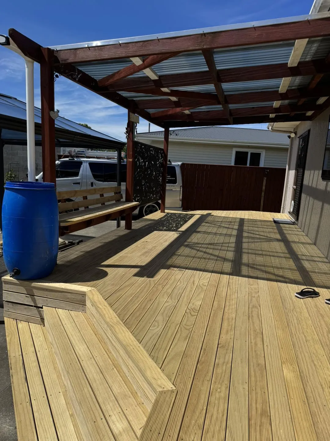 Large covered timber deck area with steps, built for outdoor living, highlighting deck building and pergola installation in Hastings, Hawke's Bay by Mitch's Maintenance