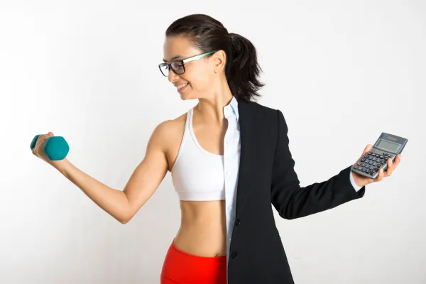 women in suit and exercise gear