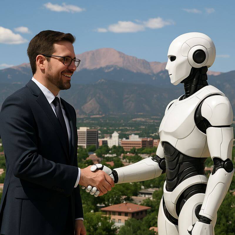 AI Receptionist shaking hand with a lawyer in Colorado Springs