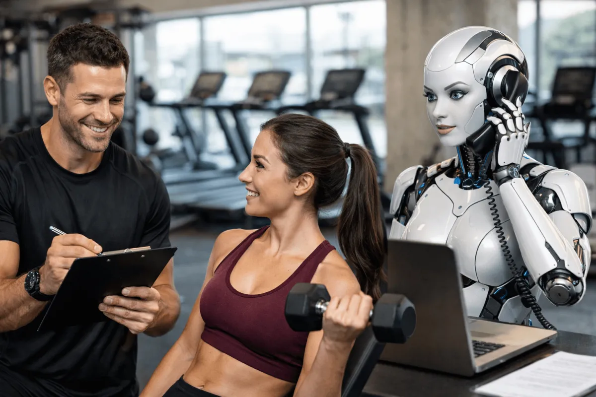 Personal Trainer with a client and Robot in the gym in Colorado Springs, Sizzlin' Fried Ads