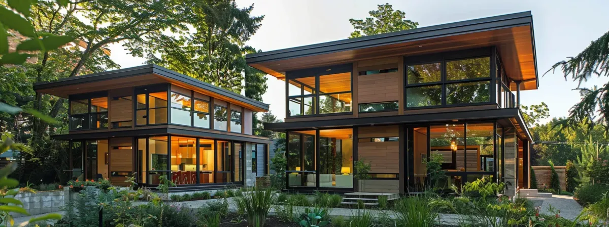 a modern home with sleek, double-pane energy efficient windows reflecting the sunlight, cutting down on energy bills.