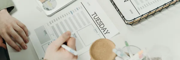 Planner being filled in for business, hand filling in the paperwork.