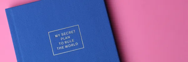 Book with a blue cover titled 'My Secret Plan to Rule the World' on a pink background