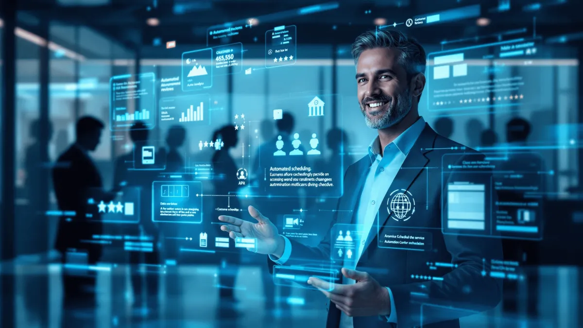 Professional businessman presenting advanced AI-driven analytics and automation tools in a modern office setting, with futuristic holographic interfaces displaying data, charts, and customer engagement metrics in the background.