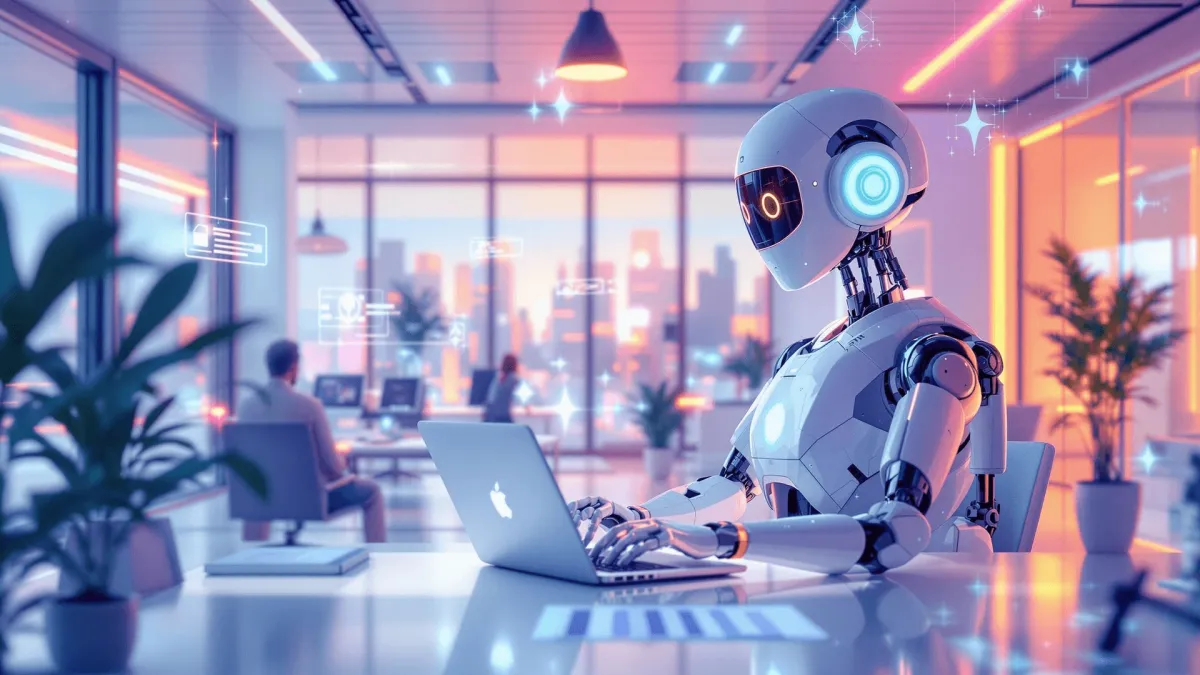A futuristic office scene featuring a sleek AI-powered assistant represented as a humanoid robot. The assistant is seated at a desk, interacting with a laptop while holographic interfaces display dynamic data and notifications. The vibrant setting includes a modern workspace with city views in the background, illustrating efficiency and innovation in business operations.