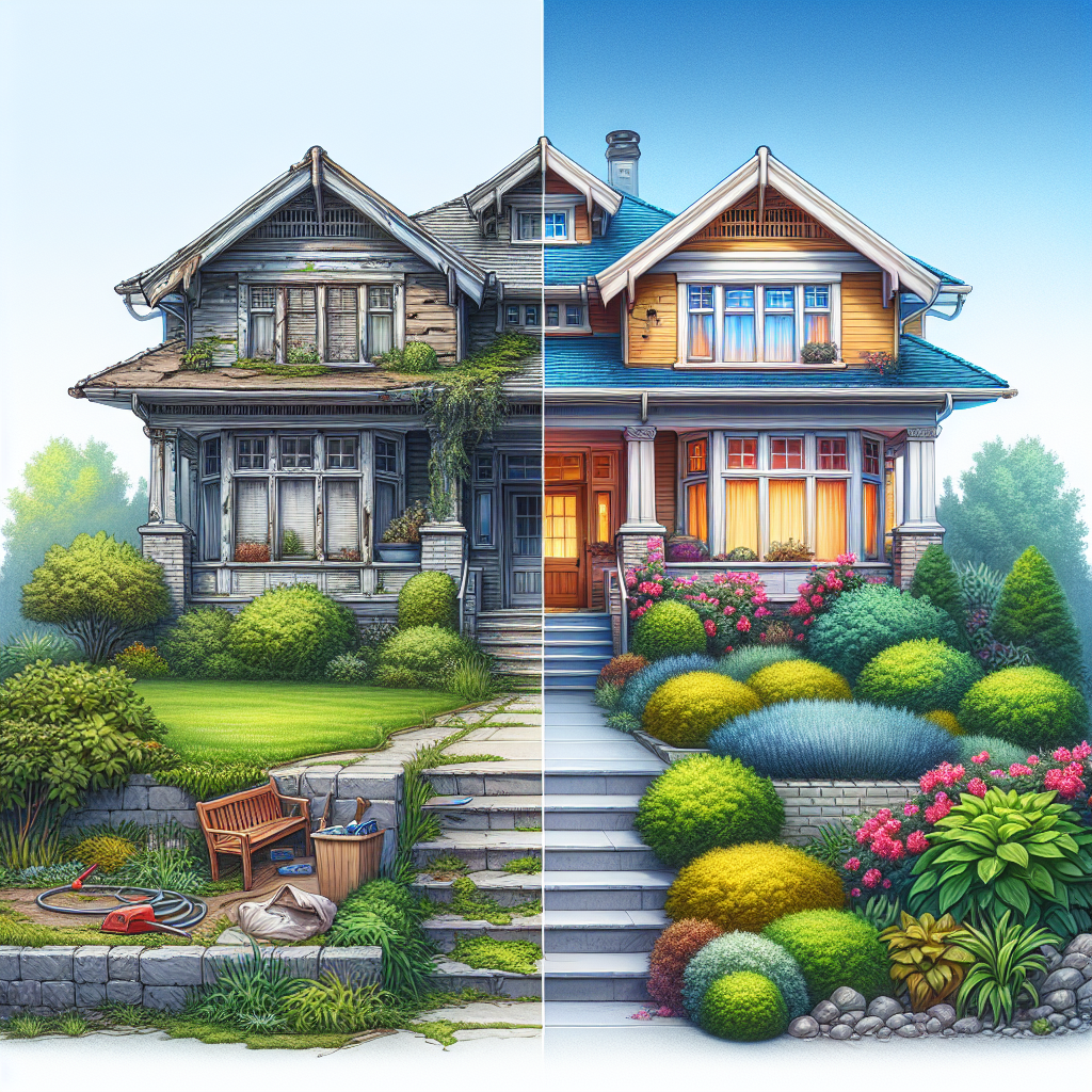 Side-by-side of a house before and after renovation, showing a worn exterior on the left and a restored, vibrant home on the right.