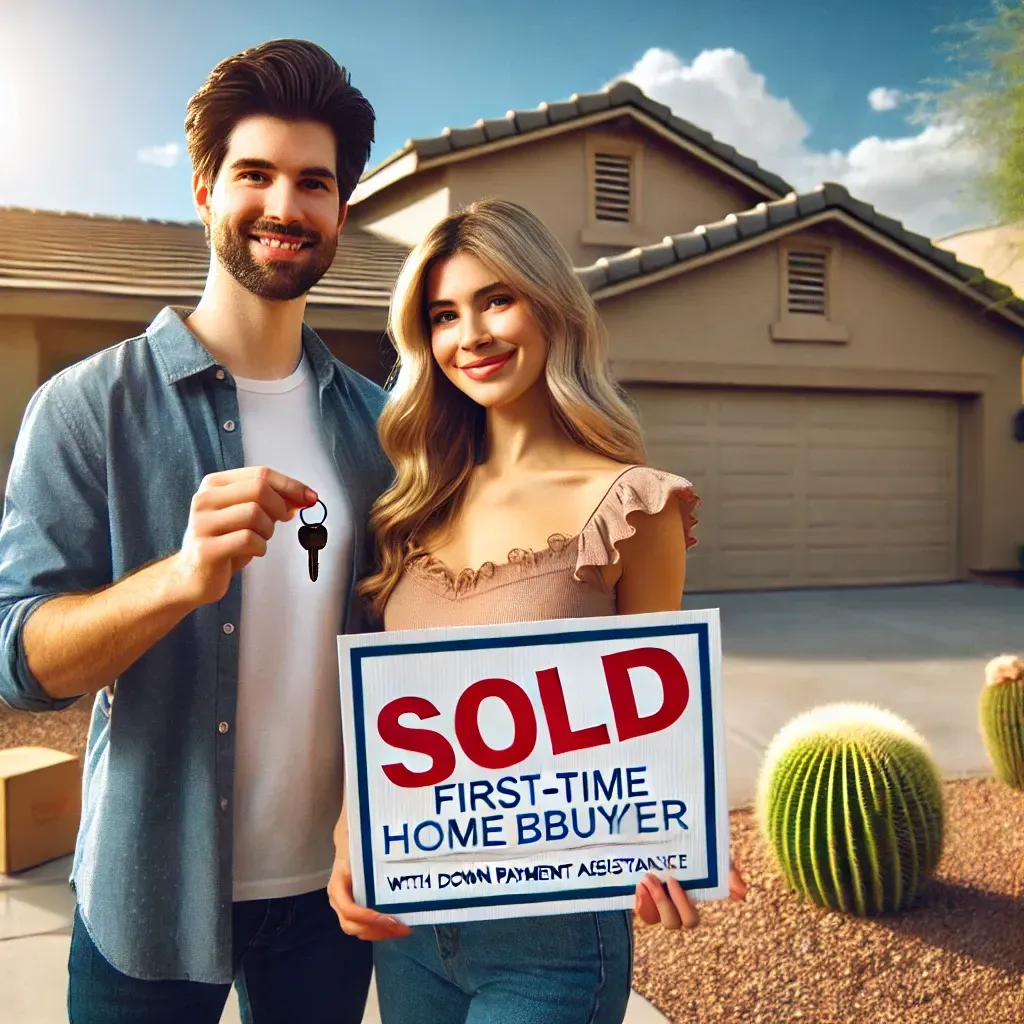**Alt Text:** A happy first-time homebuyer couple stands in front of their new home in Phoenix, Arizona, holding a correctly spelled "SOLD" sign and house keys. The home is a modern, single-story house with desert landscaping, a clean driveway, and a bright blue sky in the background. The couple looks excited and relieved, symbolizing the joy of achieving homeownership with down payment assistance. The scene conveys warmth, optimism, and success.