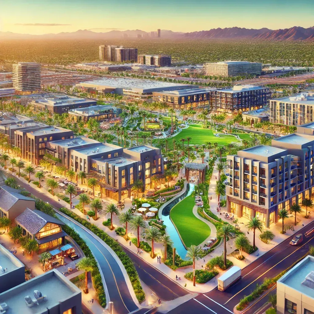 A bustling cityscape of Goodyear, Arizona, featuring modern buildings, green spaces, and active construction projects reflecting economic growth.