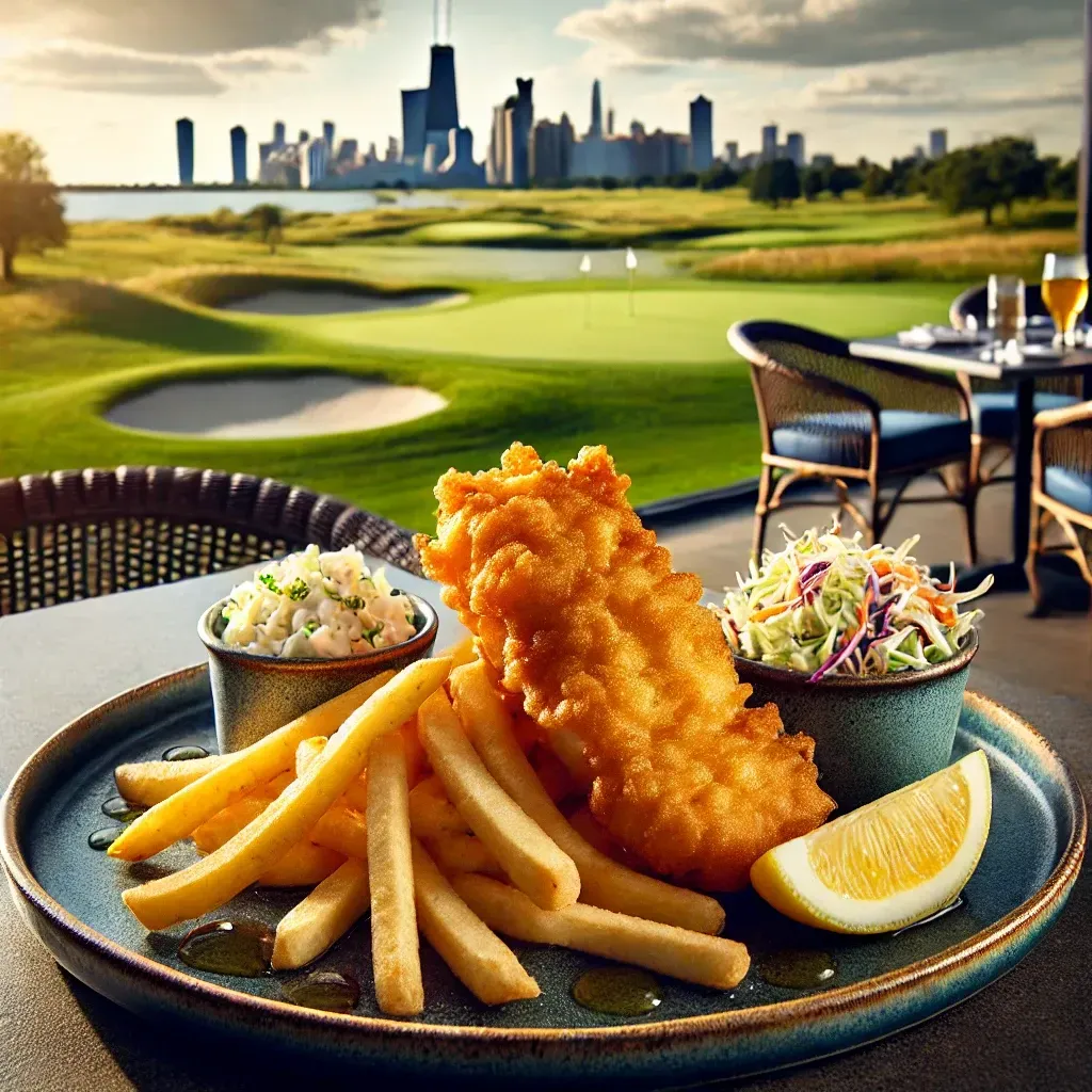 A plate of crispy, golden-battered fish with French fries, coleslaw, and a lemon wedge, served at the 19th Hole at Sundance Golf Club in Buckeye, AZ, with a scenic golf course view in the background.