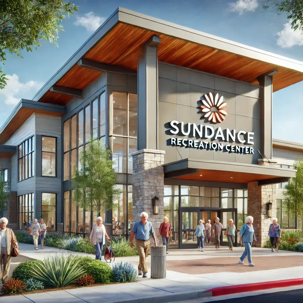 A vibrant and welcoming senior recreation center in Buckeye, AZ, featuring modern architecture with a well-maintained entrance surrounded by greenery. Seniors are seen engaging in conversations and activities, with a sign reading "Sundance Recreation Center" near the entrance.