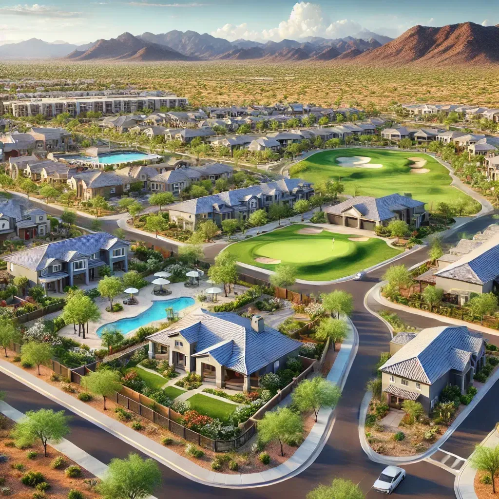 Aerial view of an active adult community in Goodyear, Arizona, showcasing modern single-story homes, landscaped walking trails, a clubhouse, a golf course, and a pool area, all surrounded by scenic desert mountains under a clear blue sky.