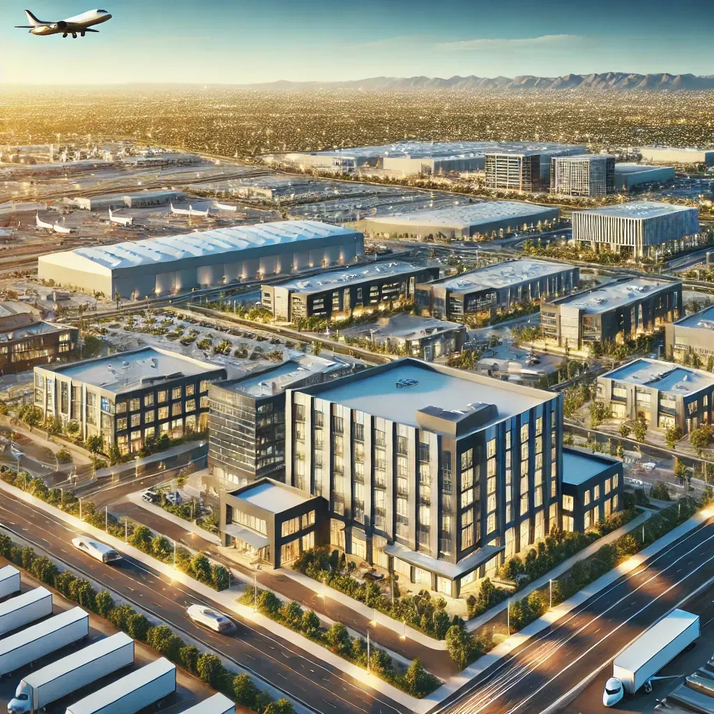 A professional business district in Goodyear, AZ, showcasing modern office buildings, warehouses, and industrial facilities under a bright sky, representing major employers in logistics, aerospace, and healthcare industries.