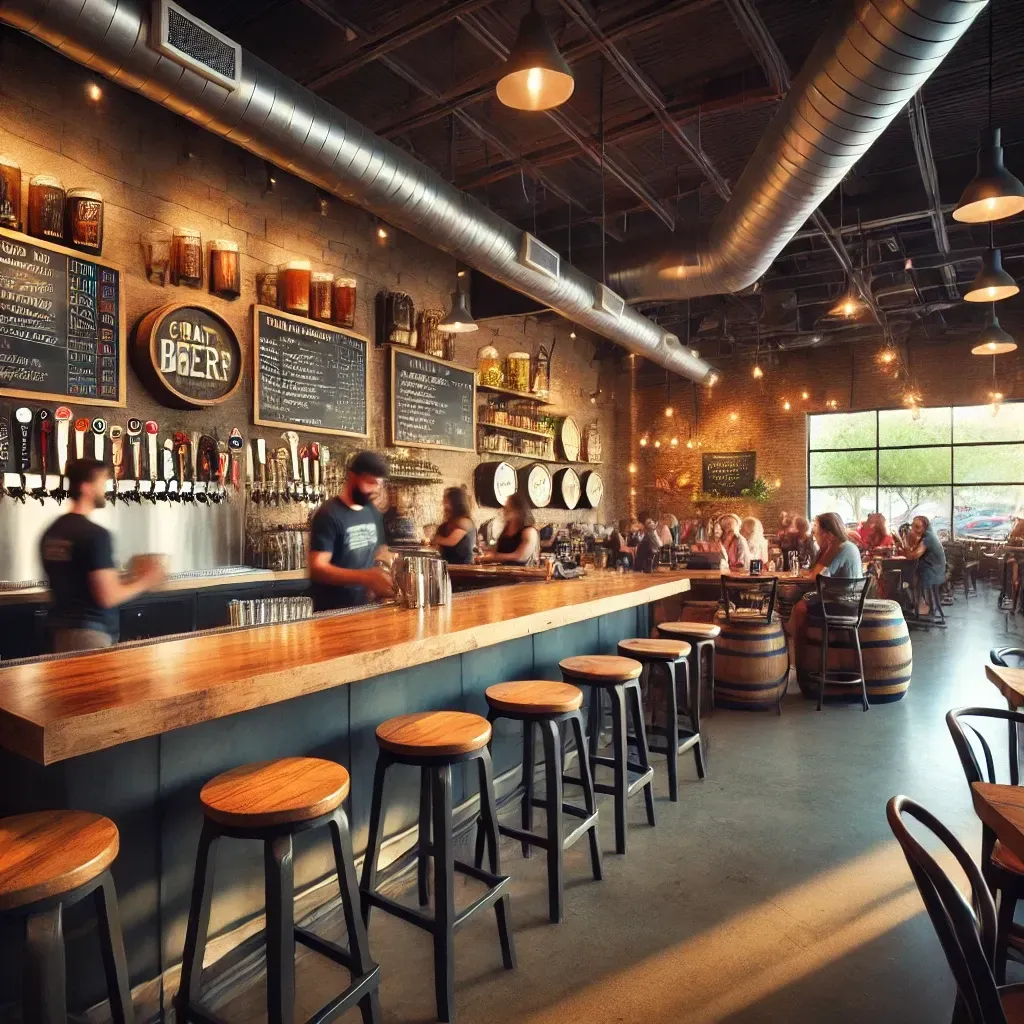 "Craft brewery taproom in Goodyear, AZ, featuring a selection of beers on tap, wooden bar seating, and a warm, inviting atmosphere for beer enthusiasts."