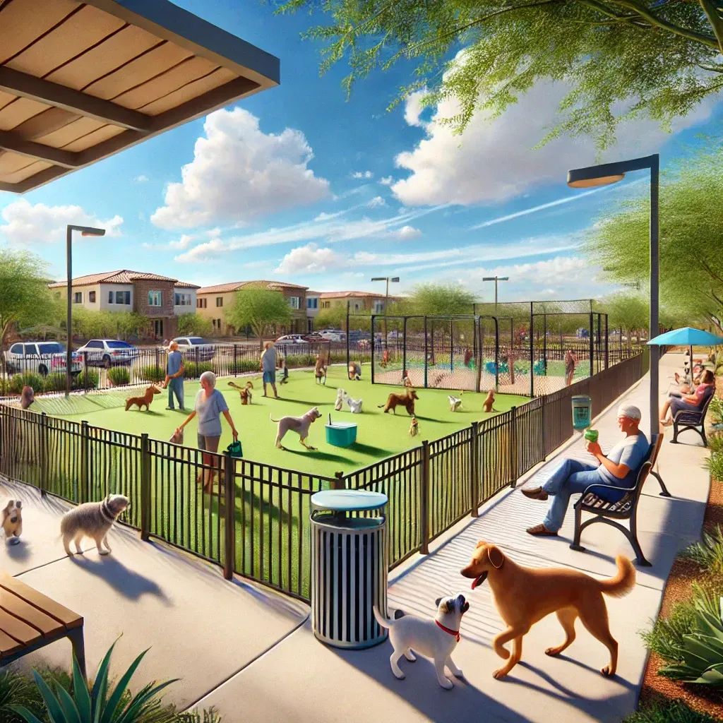A vibrant dog park in Goodyear, AZ, featuring a spacious fenced area with dogs of various breeds playing off-leash. Owners are sitting on benches under shaded areas, with well-maintained grass, a walking path, and water stations for dogs under a bright, sunny sky.