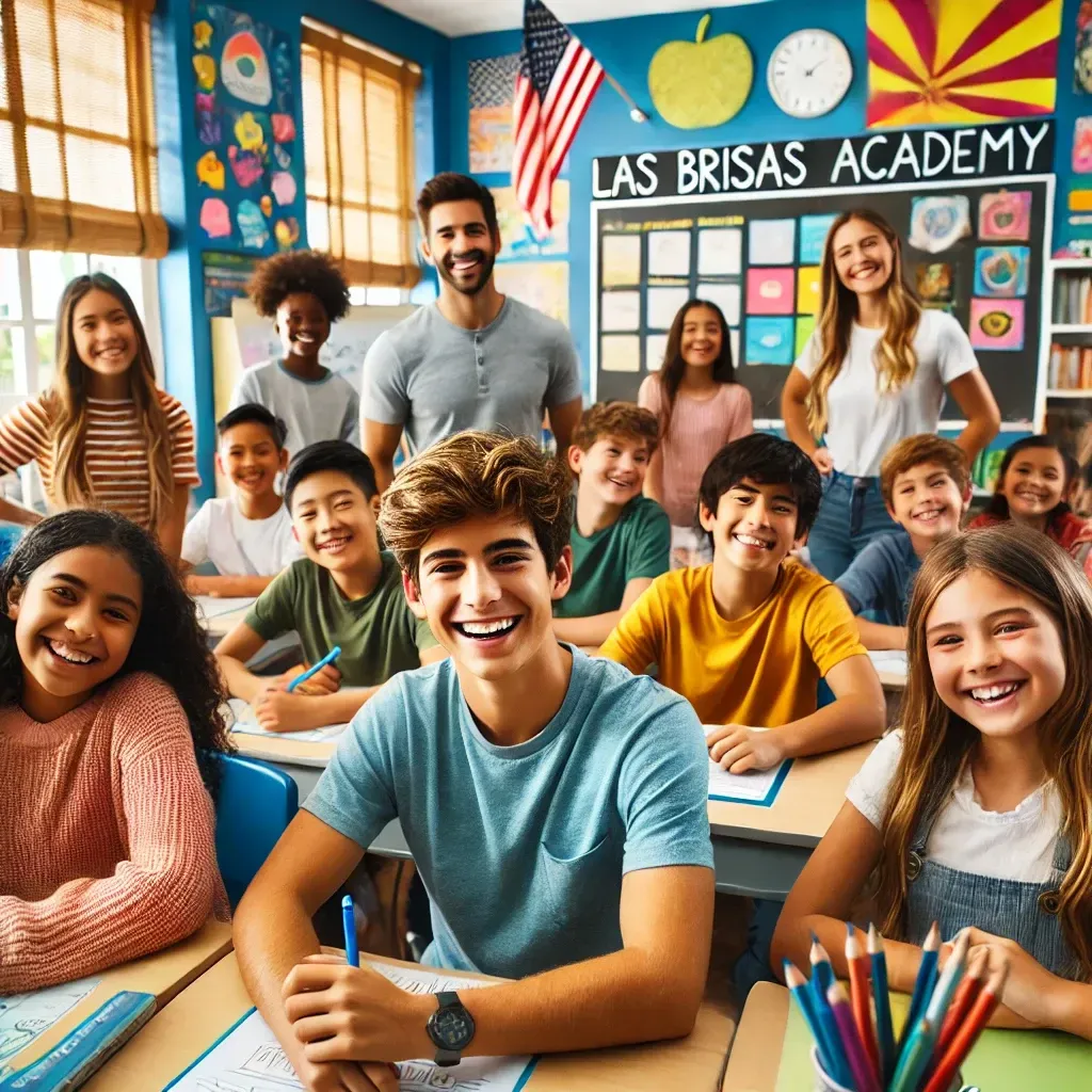 A diverse group of smiling students engaged in a hands-on learning activity in a bright and colorful classroom at Las Brisas Academy in Goodyear, Arizona, with educational posters and vibrant artwork in the background.