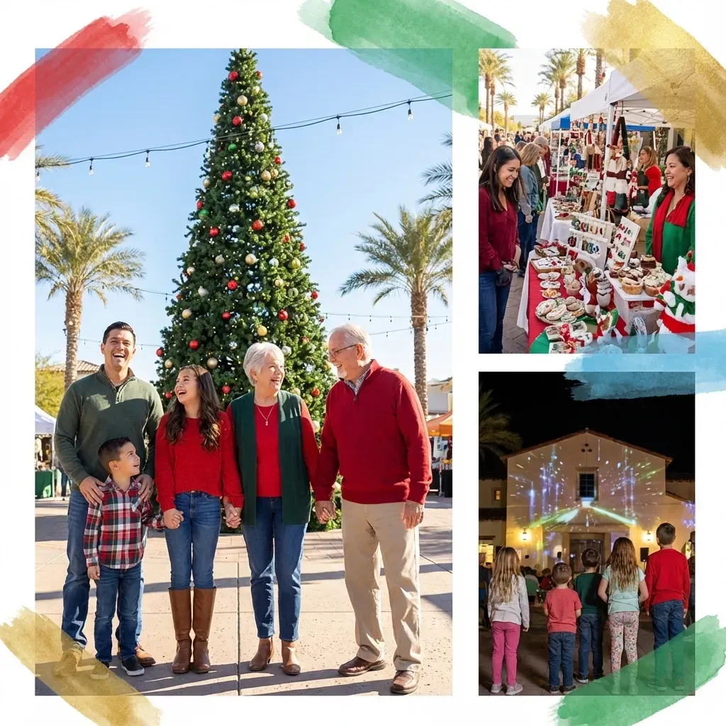 Goodyear Arizona December events guide featuring holiday lights, local families, festive market scenes, and winter fun.