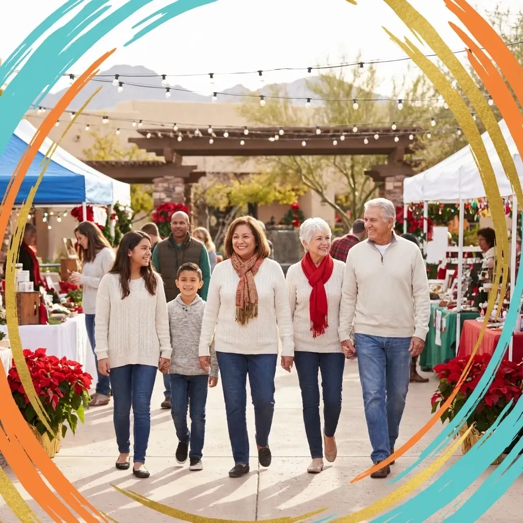 Sun City Arizona December events with retirees at holiday gatherings, festive lights, and winter market scenes.
