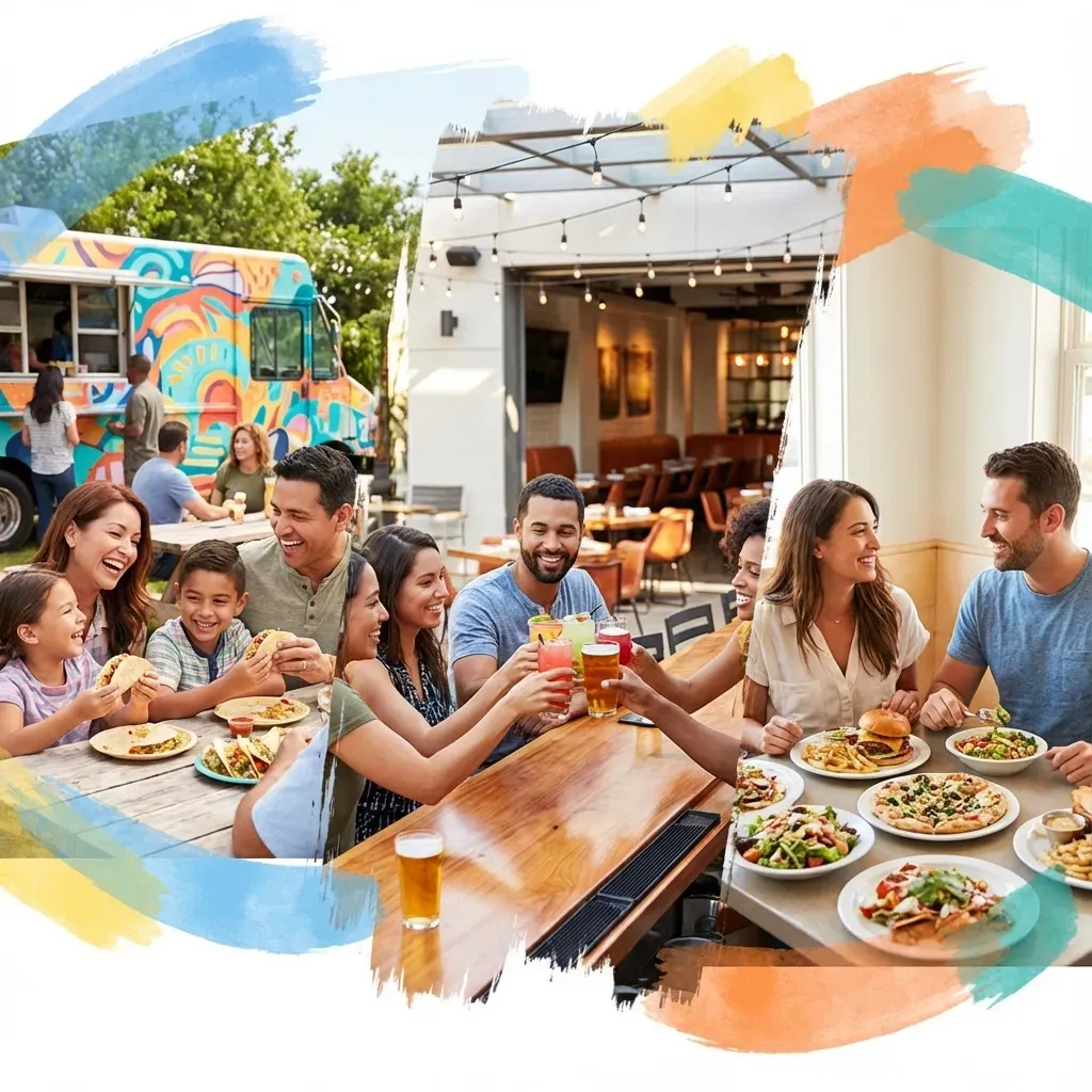 New Avondale AZ food trucks, bars, and restaurants with people enjoying fresh eats and drinks.