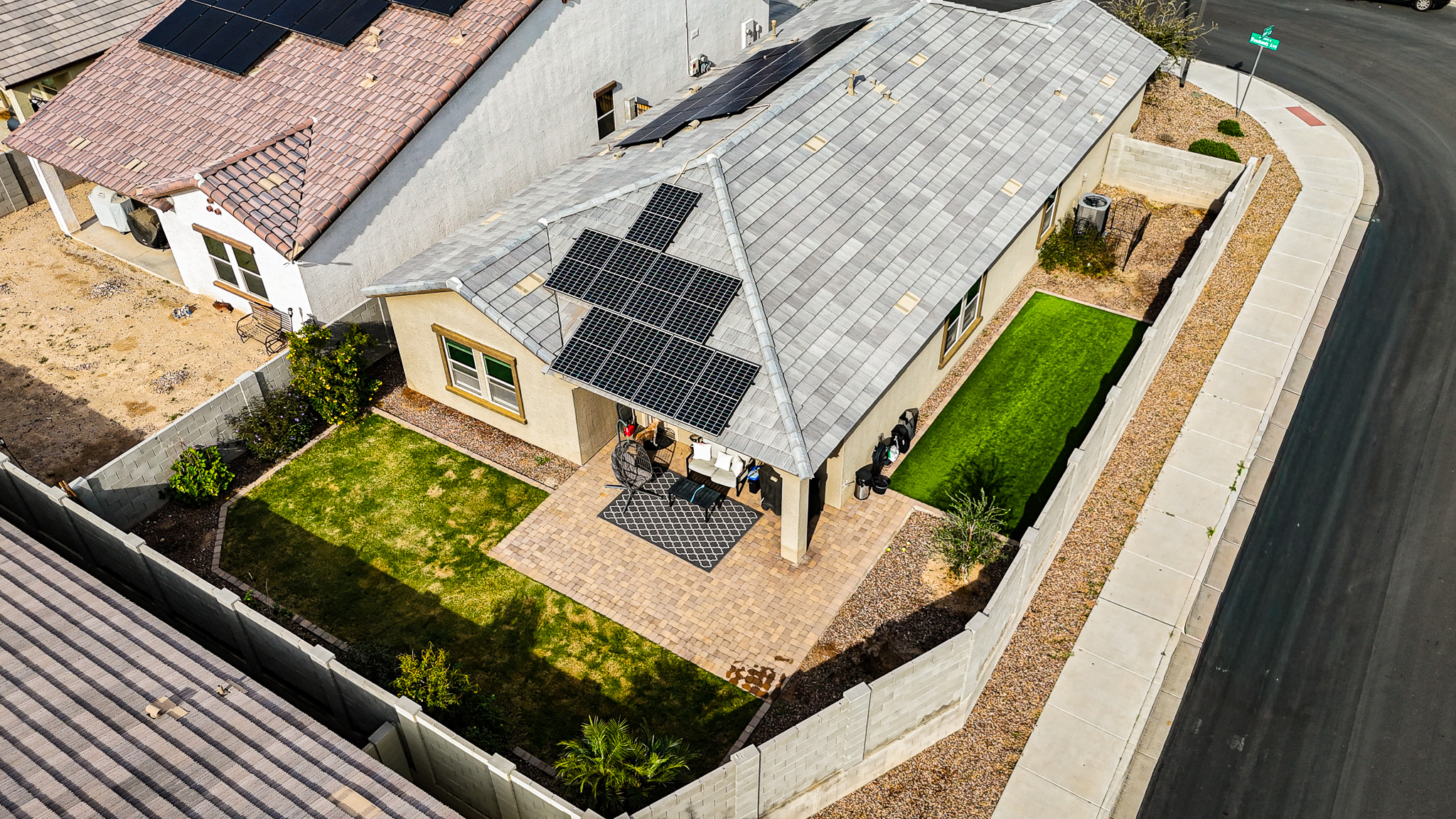 Aerial view of Buckeye AZ home for sale with paid off solar panels