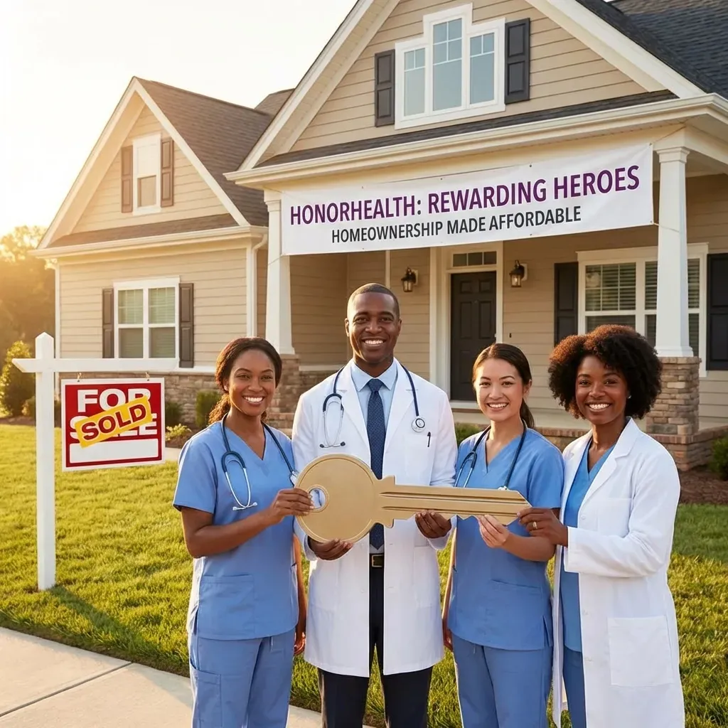 HonorHealth nurse and doctor smiling outside their new Phoenix home, celebrating real estate savings with the $8,000 flat fee Rewarding Heroes program.