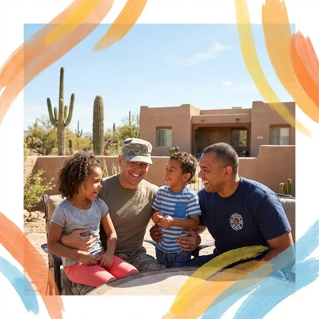 Rewarding Heroes real estate program shield graphic featuring Arizona first responders teachers healthcare workers military and city employees eligible for flat fee home buying and selling benefits