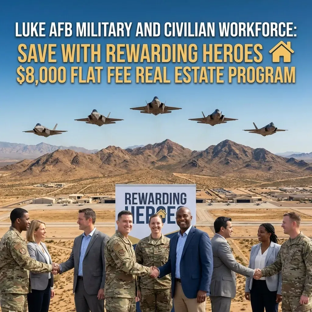 Airman and family outside Arizona home, proud of savings with the $8,000 flat fee Rewarding Heroes program.