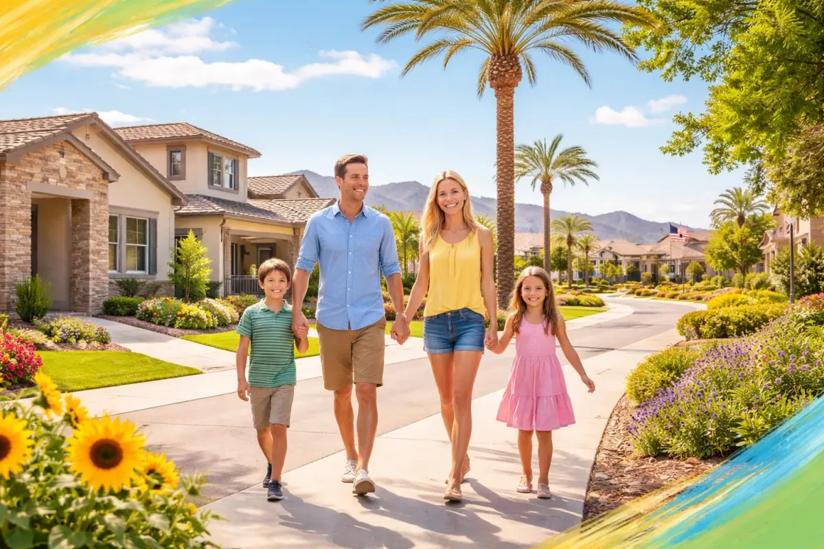  Family walks on a modern residential street in Buckeye Arizona with desert landscaping and clear blue sky.