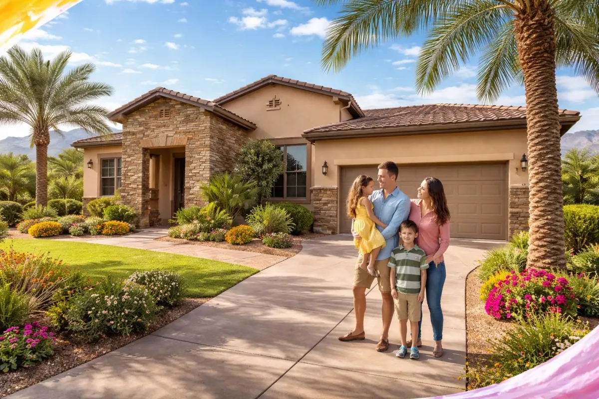  A scenic view of a Glendale, Arizona residential neighborhood featuring modern suburban homes and local parks under a clear desert sky.