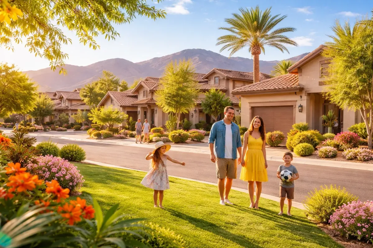 A beautiful suburban street in Peoria, Arizona, with manicured desert landscaping and a view of the nearby mountains under a bright sun.
