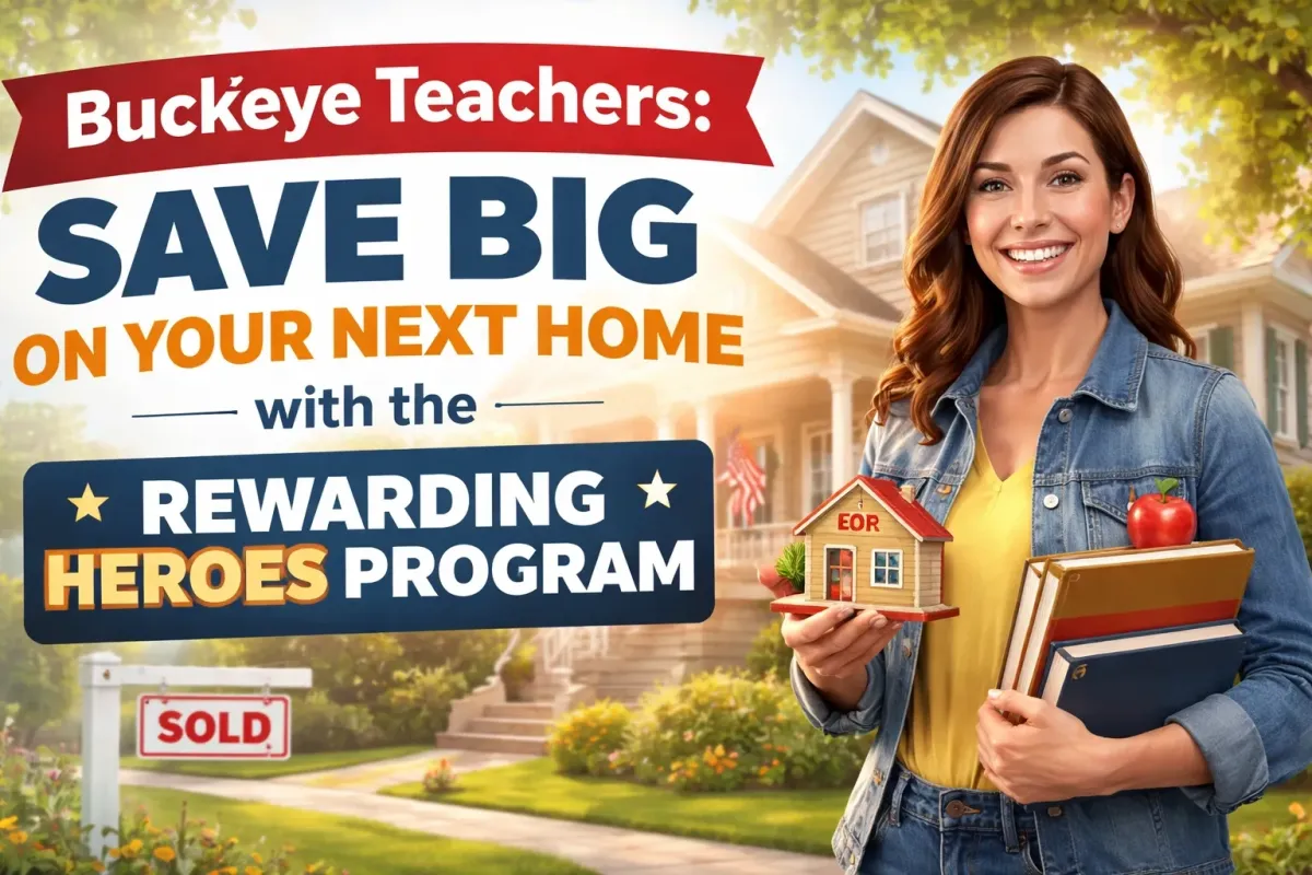 Smiling teacher standing in front of a modern Buckeye ranch home with desert landscaping.