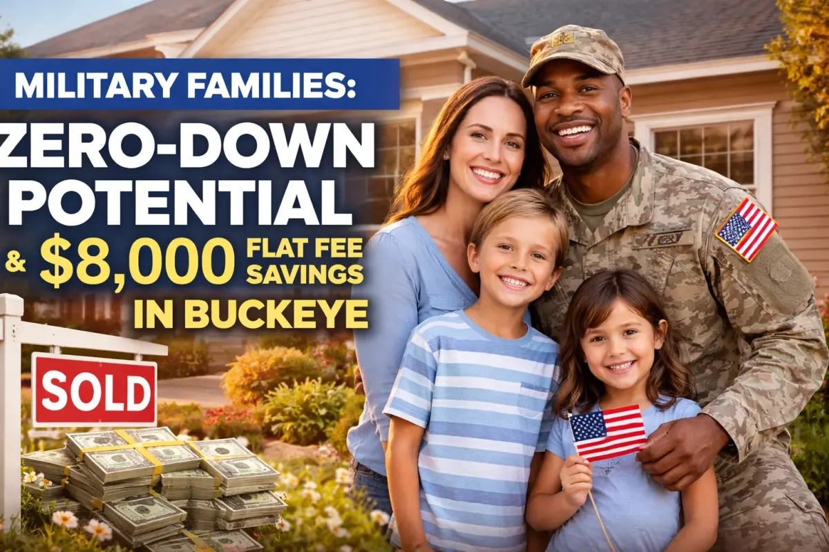  Military veteran and family standing on the corner lot of a spacious Buckeye home.