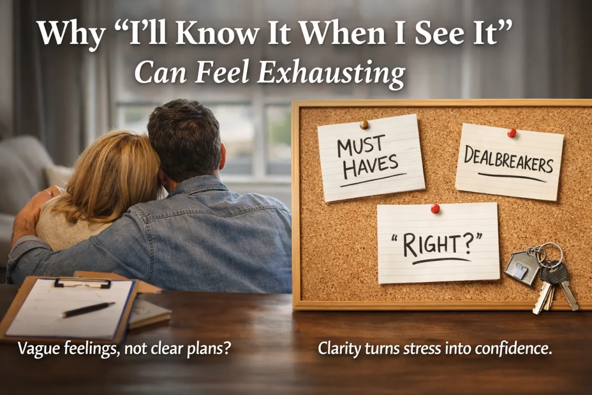 “Blog cover image showing a couple sitting together at home next to a corkboard with notes labeled ‘Must Haves,’ ‘Dealbreakers,’ and ‘Right?’—illustrating how clarity makes homebuying decisions feel less exhausting.”