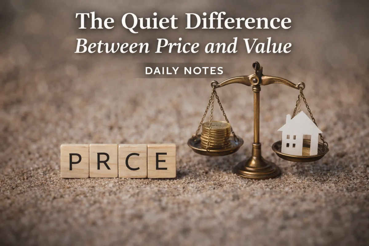The Quiet Difference Between Price and Value | Daily Notes’ showing wooden letter tiles spelling ‘PRICE’ beside a balance scale weighing stacked coins against a paper house, with the title text above.”