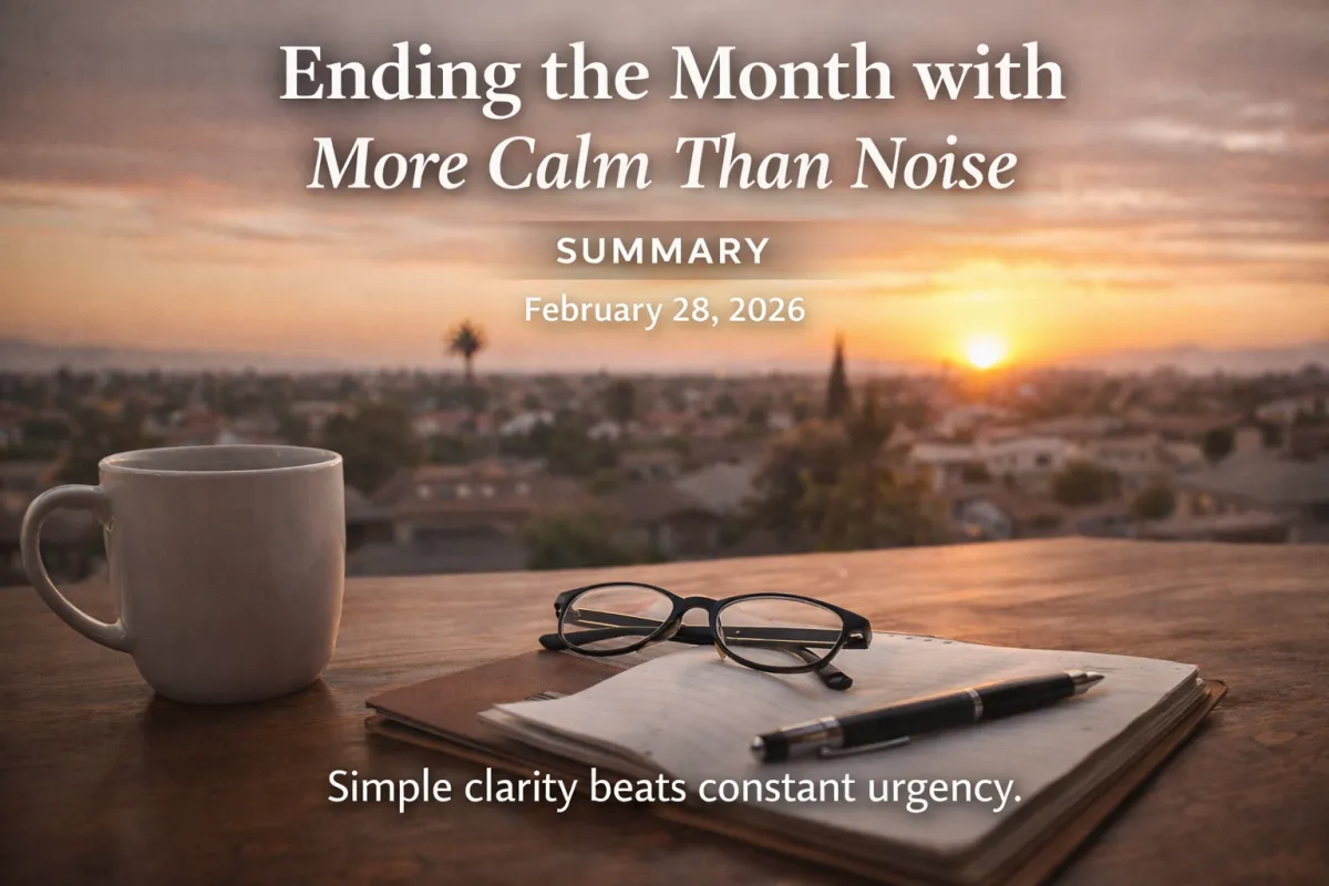 “Hero image for the February 28 Daily Notes post showing a sunset view over a neighborhood with a coffee mug, glasses, and a notebook on a table in the foreground, with the title ‘Ending the Month with More Calm Than Noise’ overlaid.”