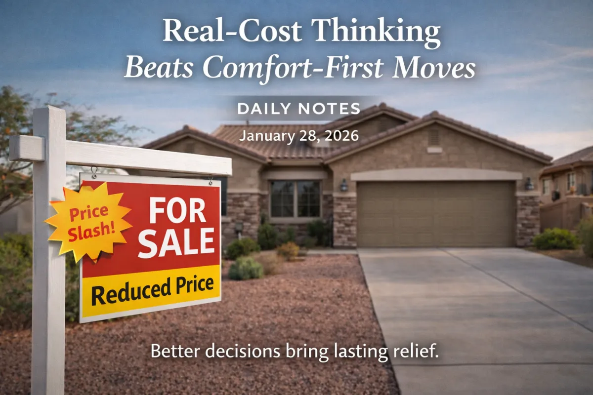 “Hero image for the January 28 Daily Notes post showing a desert-landscaped home with a ‘For Sale’ sign in the foreground that reads ‘Reduced Price,’ with the title text overlaid.”