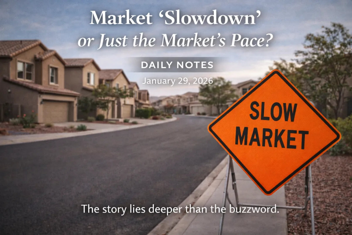 “Hero image for the January 29 Daily Notes post showing a quiet neighborhood street with an orange sign that reads ‘SLOW MARKET’ in the foreground, with the post title and date overlaid.”