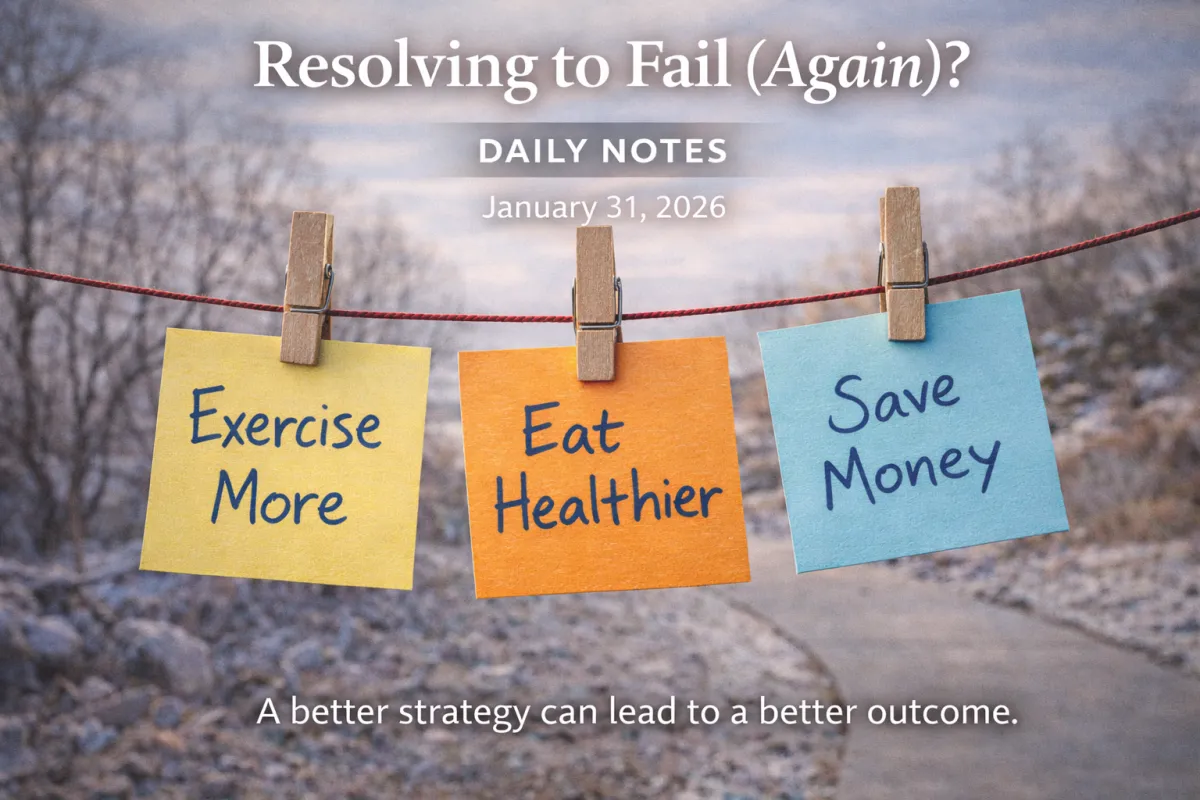 “Hero image for the January 31 Daily Notes post showing a crystal ball on a table beside a clipboard with charts while a hand holds a pen, with the post title and date overlaid.”