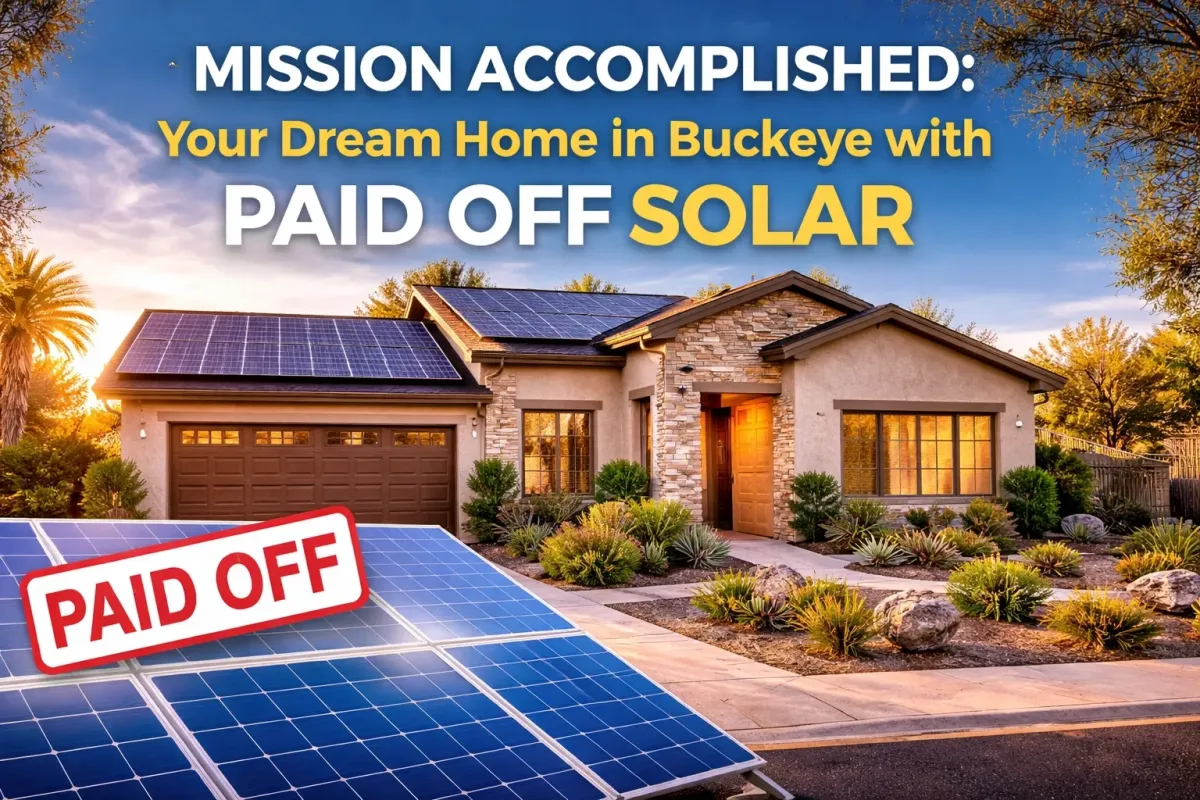 A corner lot home in Buckeye, Arizona, featuring solar panels and professional landscaping, perfect for active duty military and veterans near Luke AFB.