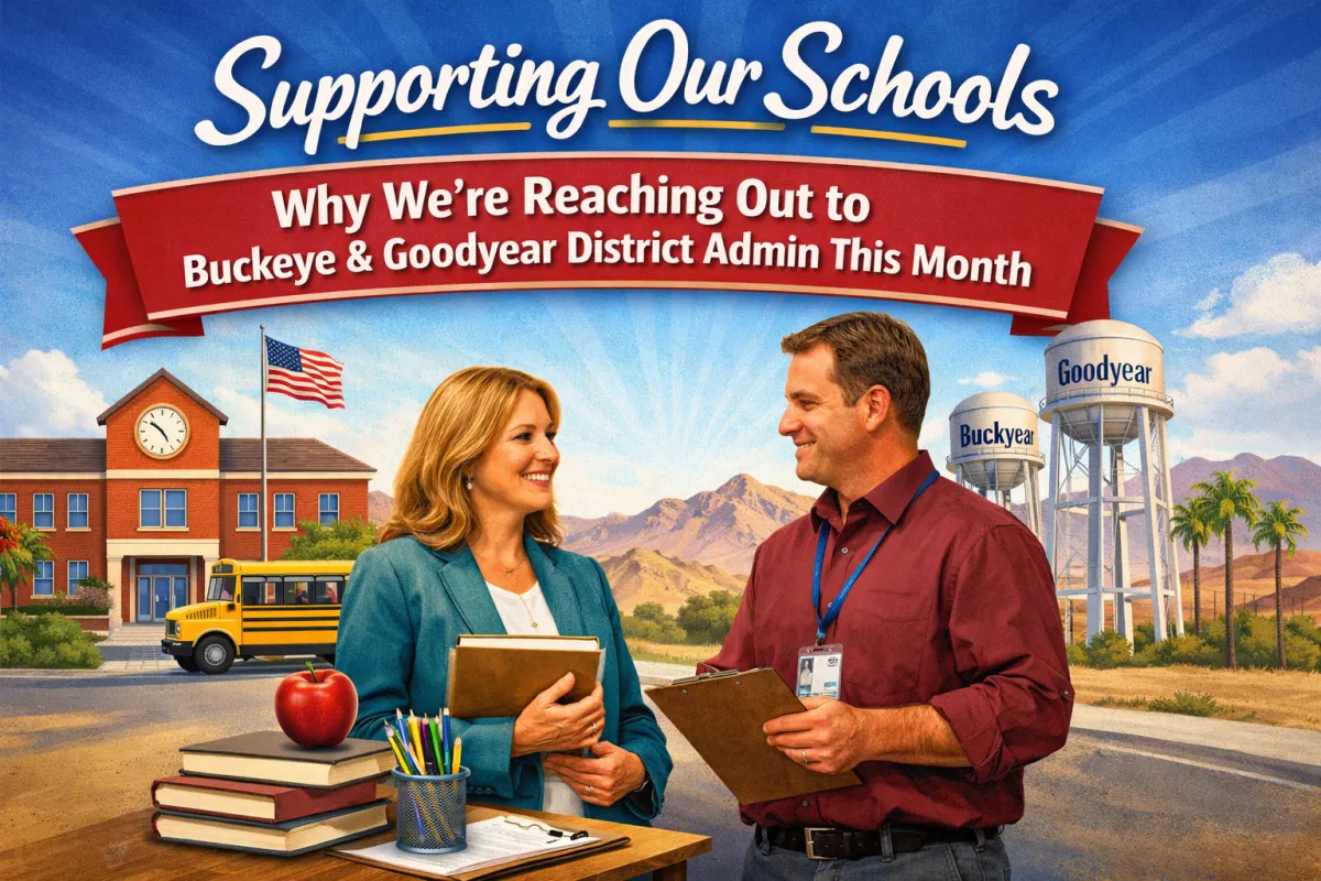 “Graphic showing two school district administrators meeting with a school building, bus, books, and desert skyline, representing outreach to Buckeye and Goodyear schools.”