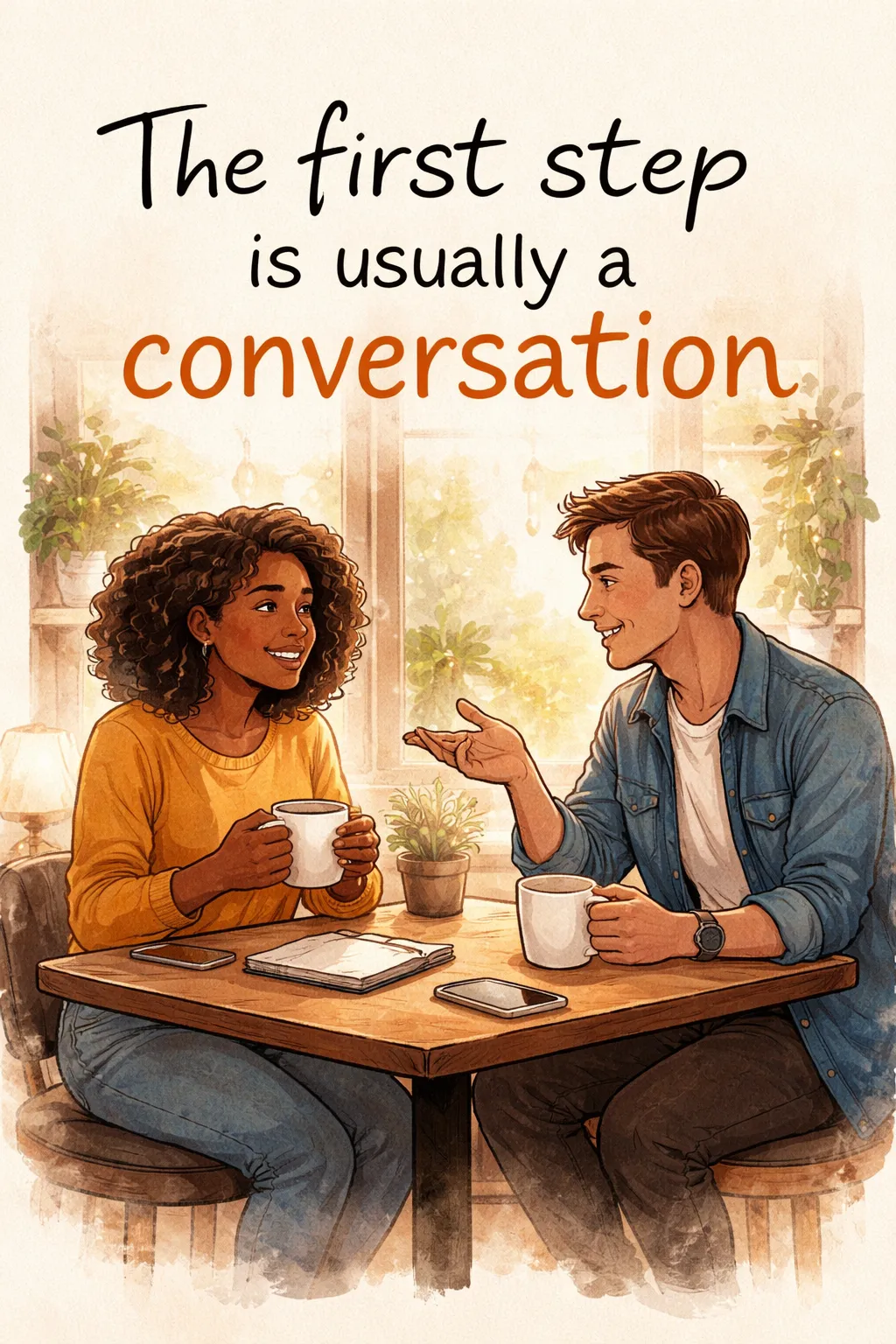 Illustration of two people sitting at a café having a friendly conversation over coffee, with the text “The first step is usually a conversation,” symbolizing connection, trust, and starting the home selling or buying process.