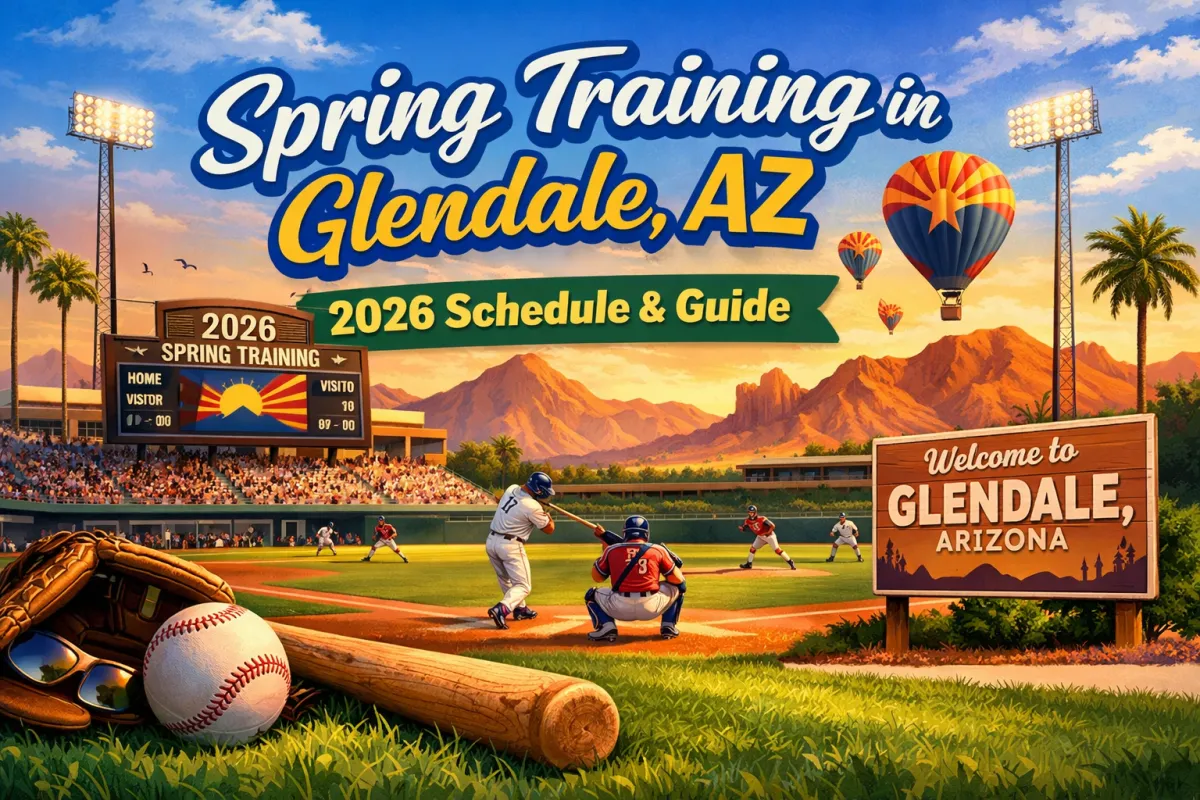 Illustration of Spring Training baseball in Glendale, Arizona featuring a packed stadium, players on the field, desert mountains, hot air balloons, and “2026 Schedule & Guide” text highlighting Cactus League season.