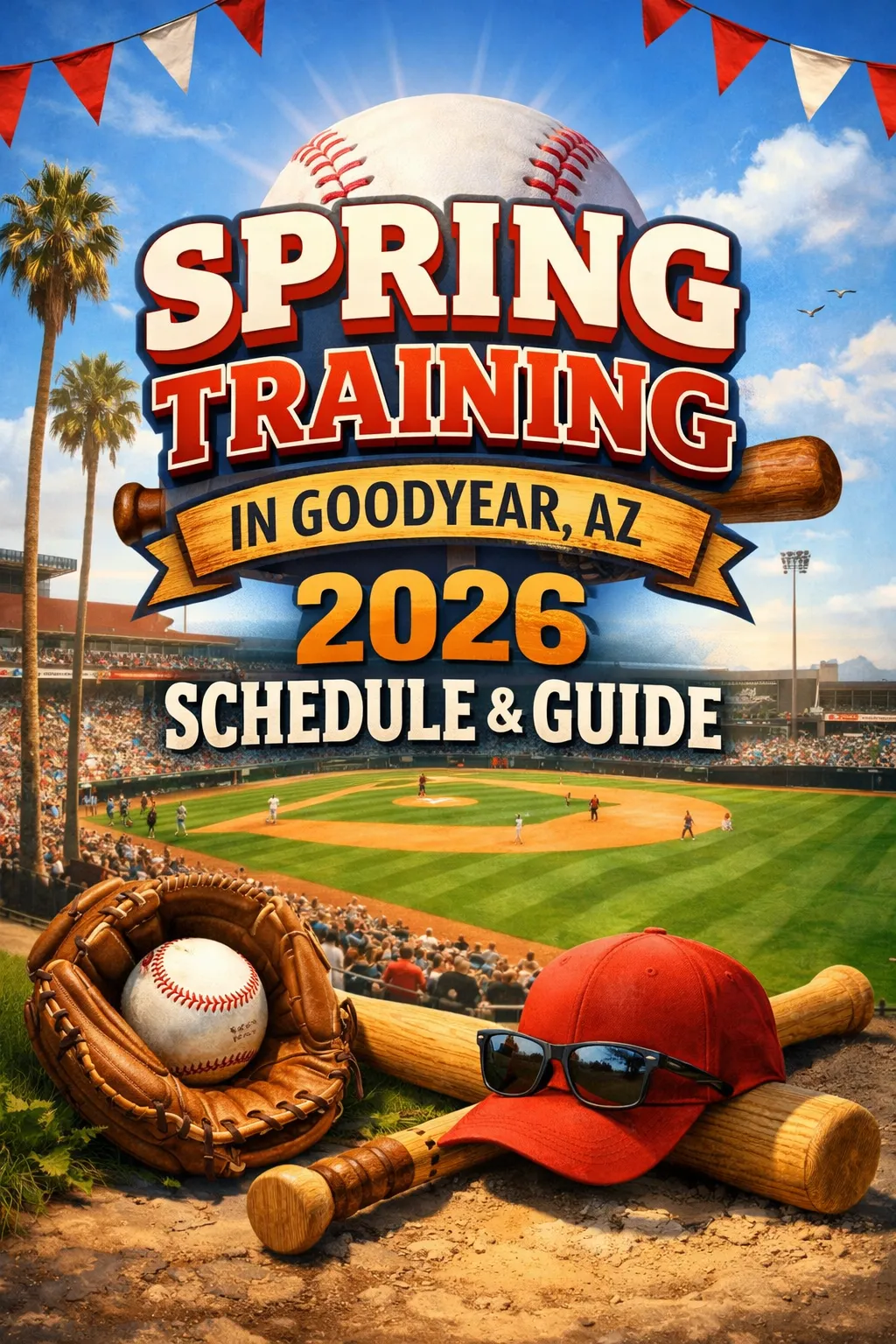 Spring Training baseball game at Goodyear Ballpark in Goodyear, Arizona with palm trees, fans in the stands, and “2026 Schedule & Guide” text highlighting Cactus League action.