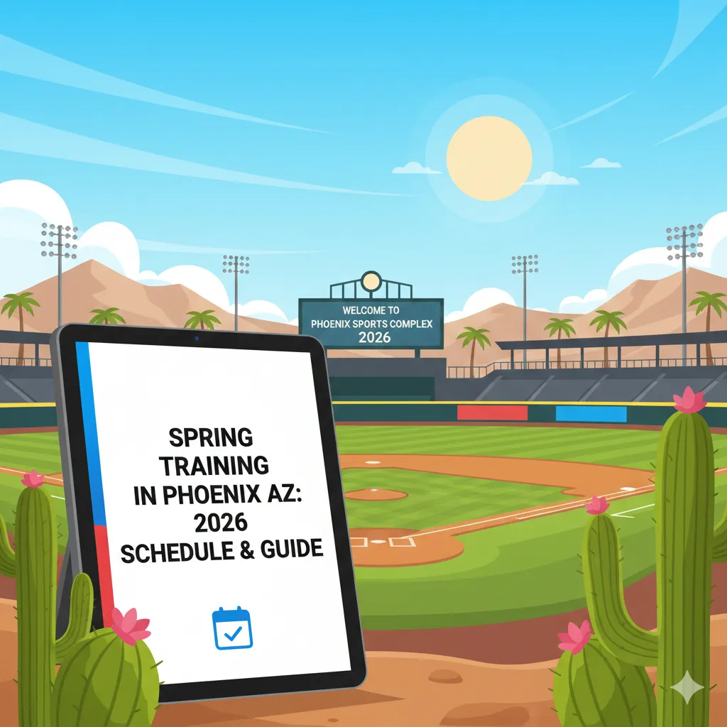 llustration of a sunny baseball field in Phoenix, AZ, featuring a tablet displaying the text 'Spring Training in Phoenix AZ: 2026 Schedule & Guide' with saguaro cacti and mountains in the background