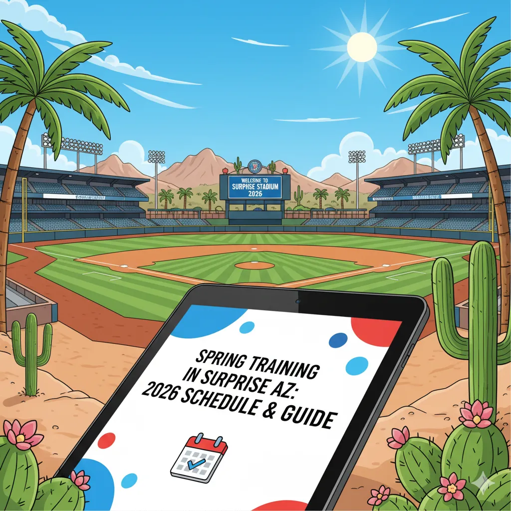 "Illustration of Surprise Stadium in Arizona featuring a tablet in the foreground displaying 'Spring Training in Surprise AZ: 2026 Schedule & Guide' with palm trees and a sunny sky."