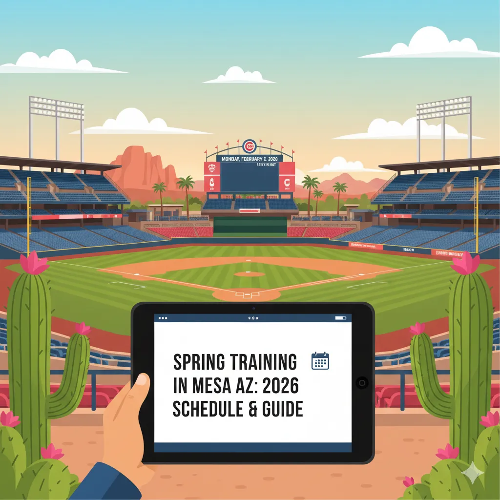 "Illustration of a Mesa baseball stadium with the Cubs and Athletics influence, featuring a tablet displaying 'Spring Training in Mesa AZ: 2026 Schedule & Guide'."