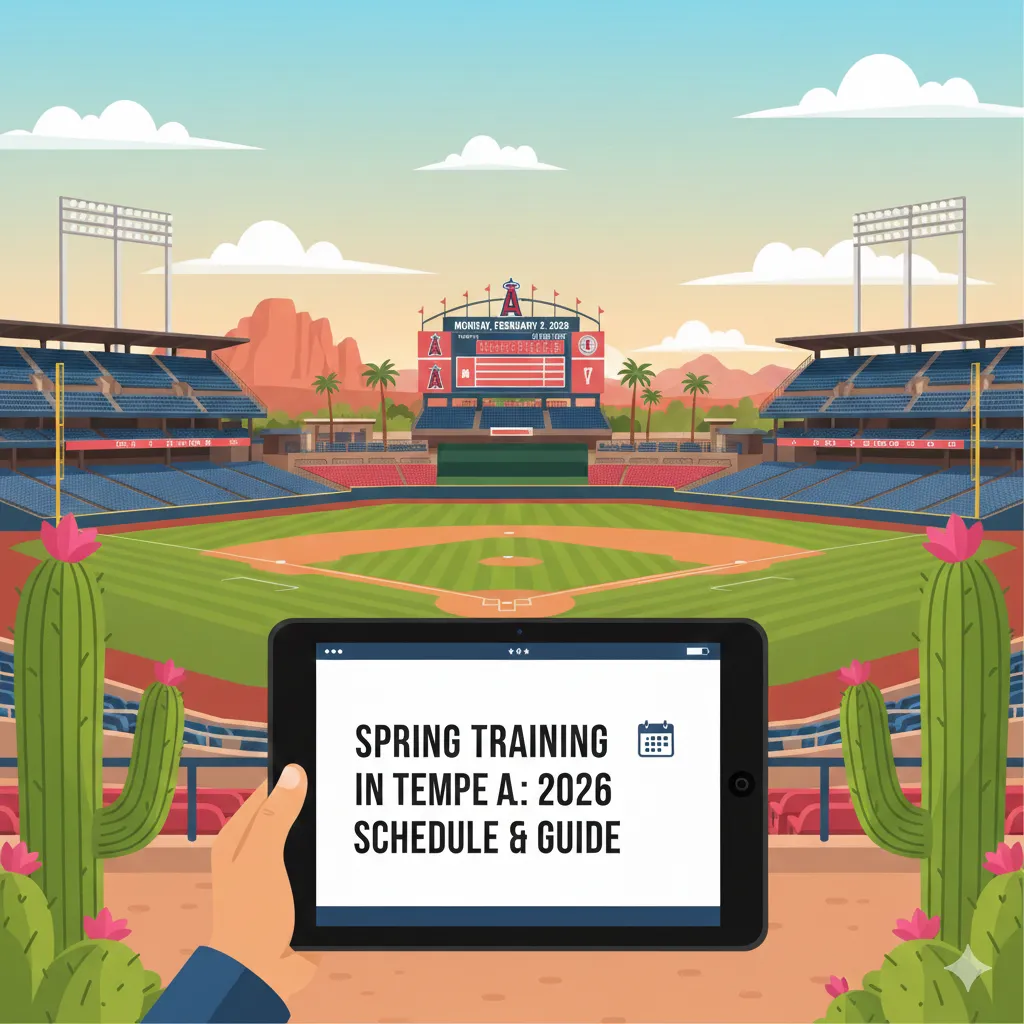 "Illustration of Tempe Diablo Stadium with an Angels-inspired scoreboard, featuring a hand holding a tablet that displays 'Spring Training in Tempe AZ: 2026 Schedule & Guide' surrounded by blooming cacti."