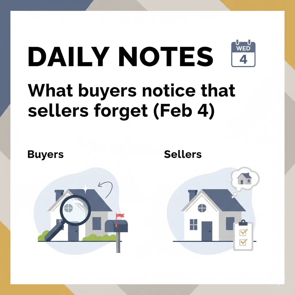 Square “Daily Notes” graphic dated Feb 4 showing a side-by-side comparison: on the left, “Buyers” with a house and magnifying glass; on the right, “Sellers” with a house and a checklist, illustrating what buyers notice that sellers often overlook.