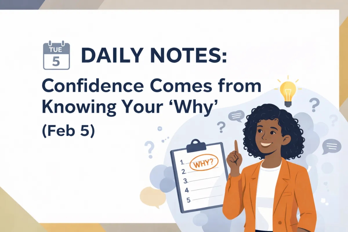 Hero image for “Daily Notes” dated Feb 5 showing a woman in an orange blazer pointing upward beside a clipboard with “WHY?” circled, with question marks and a glowing lightbulb symbolizing clarity, purpose, and confidence.
