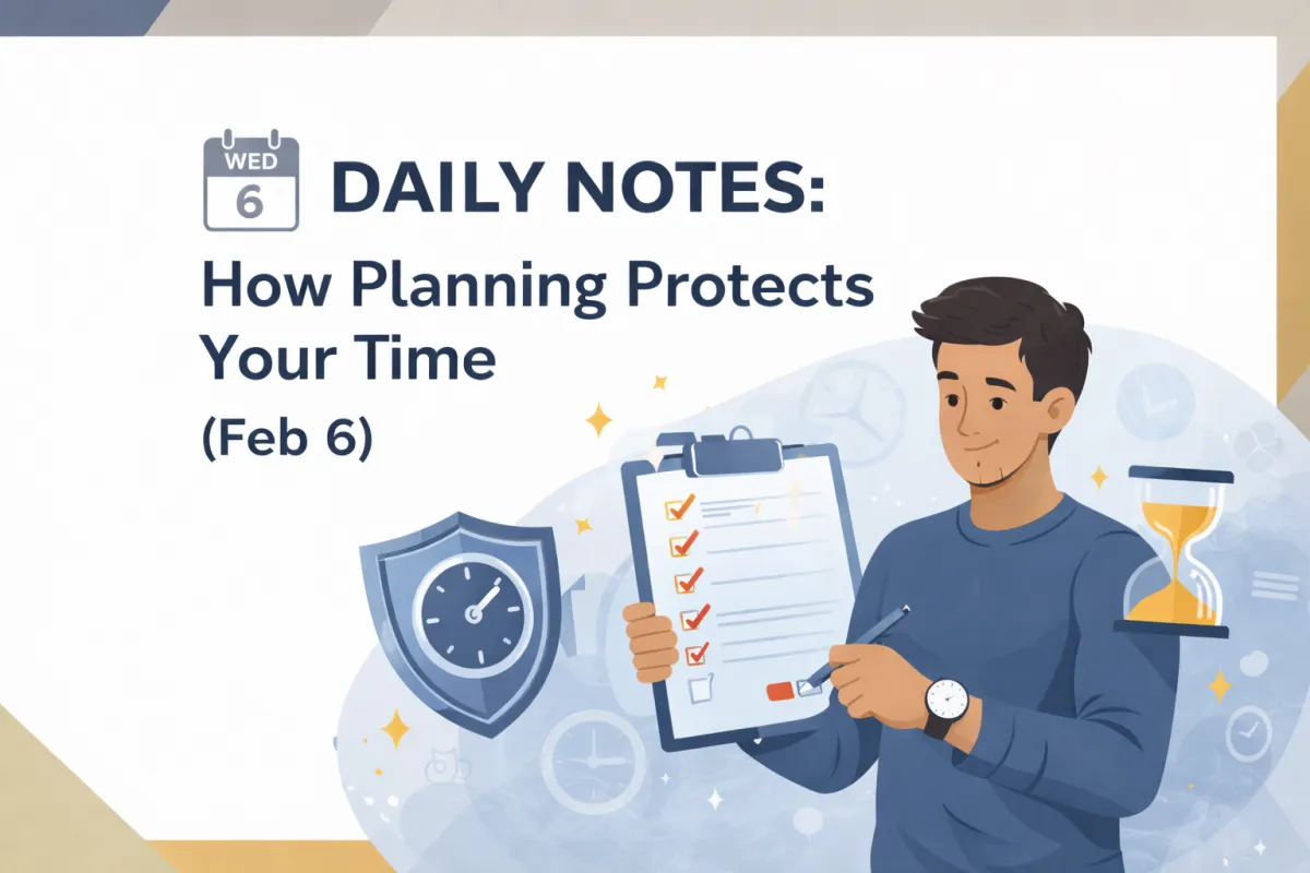 Hero image for “Daily Notes” dated Feb 6 showing a man holding a checklist and pen while looking at his watch, with a shield-shaped clock and an hourglass in the background—symbolizing how planning protects your time.